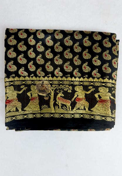 Close up of multicoloured woven motifs on the black Baluchari silk saree body