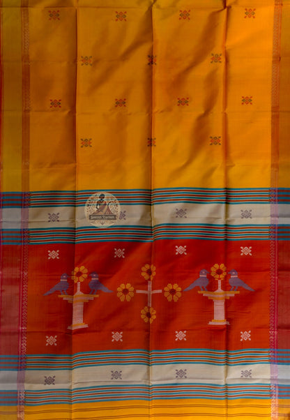 Close-up of master-woven terracotta temple frieze with zari kalka vine detail on Bishnupur Katan Silk Saree border