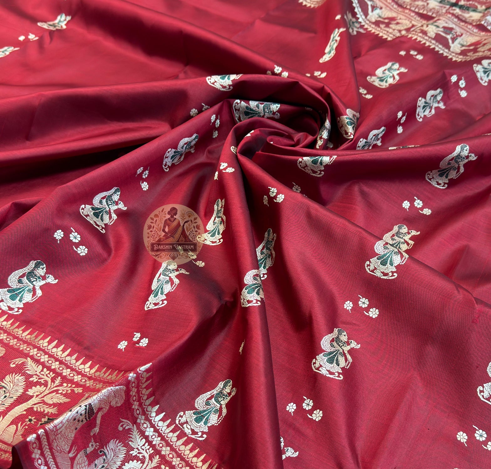 Dakshin Vastram Baluchari pure silk saree flat lay showing full length