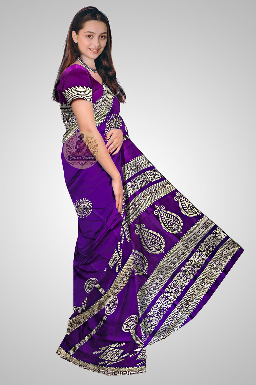 Shop Block Print Silk Saree online – Side angle with block motifs