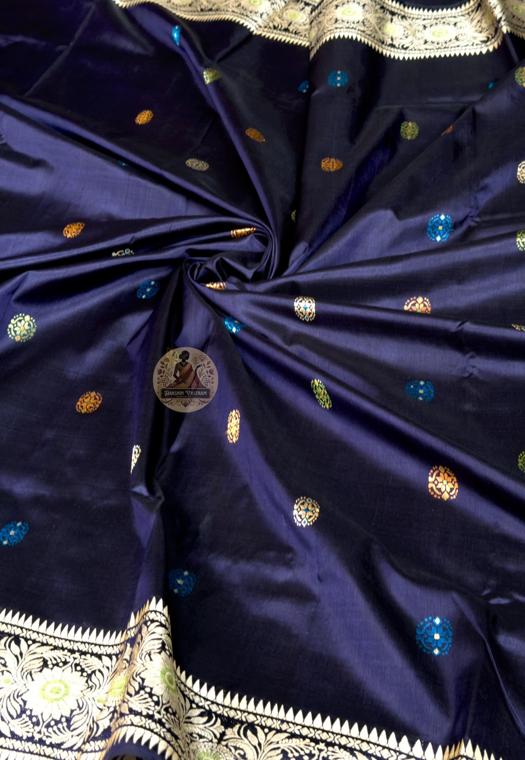 Rear view of Baluchari Silk Saree displaying pallu with Lakshmi lotus throne scene master-woven in silk Bengal