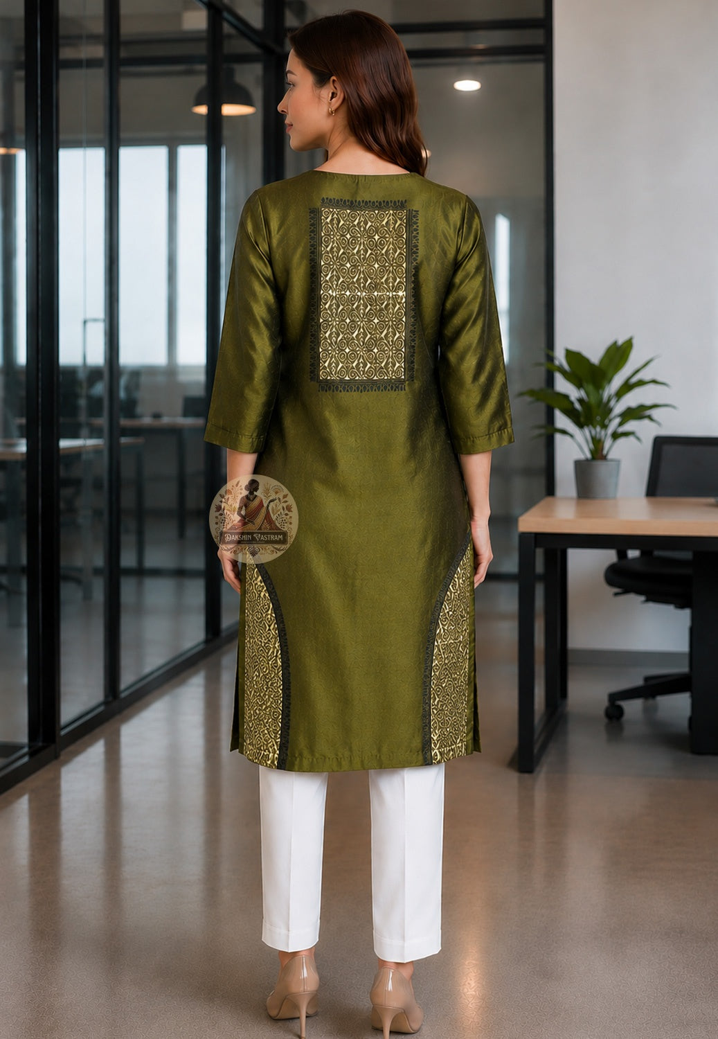 Side view of tailored straight-cut kurti made from Baluchari Silk Block Print Piece Bengal handloom festive wear