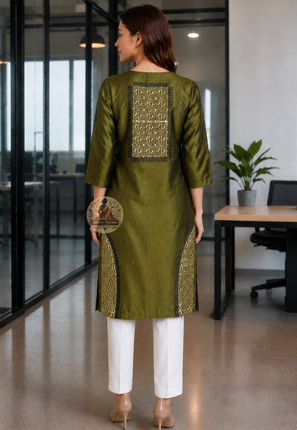 Side view of tailored straight-cut kurti made from Baluchari Silk Block Print Piece Bengal handloom festive wear