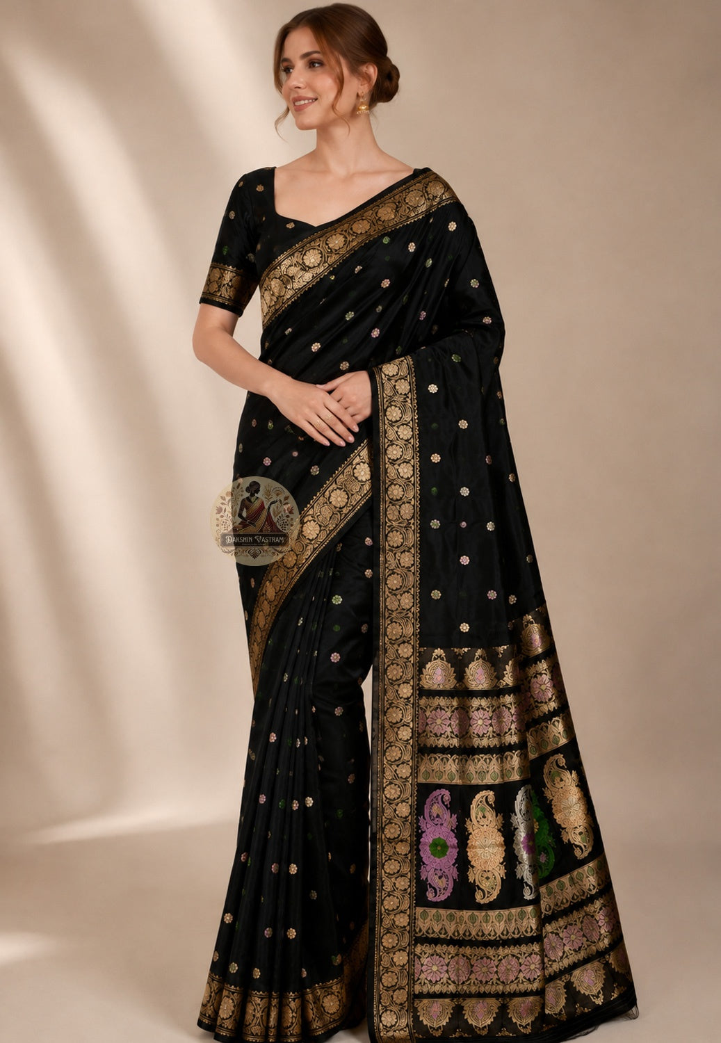 Front view of premium Swarnachari handloom silk saree with golden zari border at the threshold of Bengal's craft and occasion, mythological compositions poised, West Bengal pit-loom