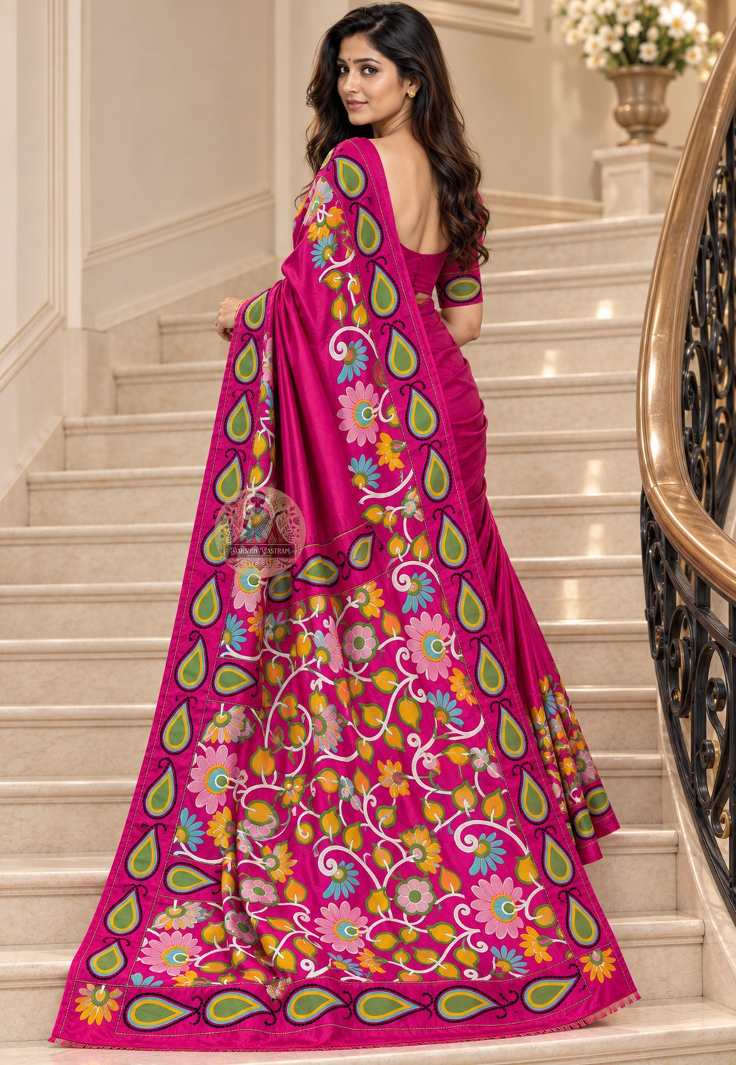 Side view of Bishnupur pure cotton silk saree drape highlighting the pallu fall and handloom texture
