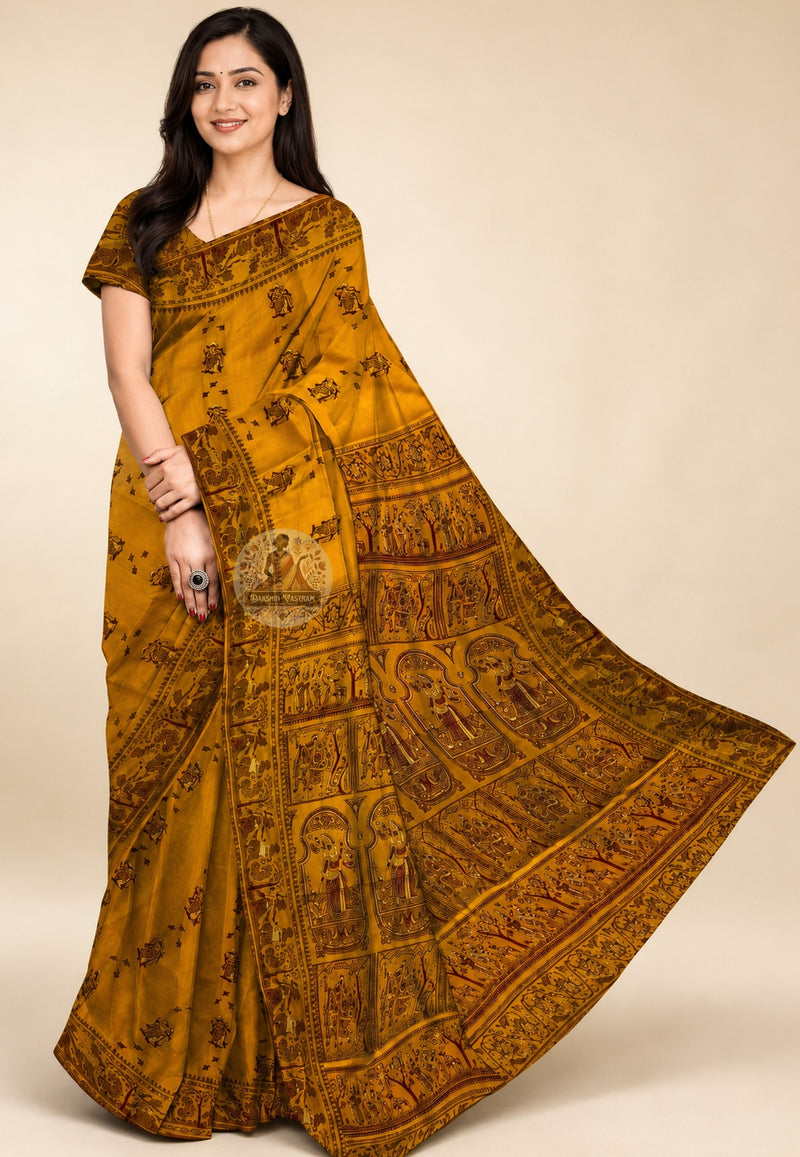 Front view of Baluchari Pure Silk Saree draped on model, showcasing the handwoven sacred narrative silk body with traditional Baluchari buti motifs and the natural luminous drape of pure Bengal silk