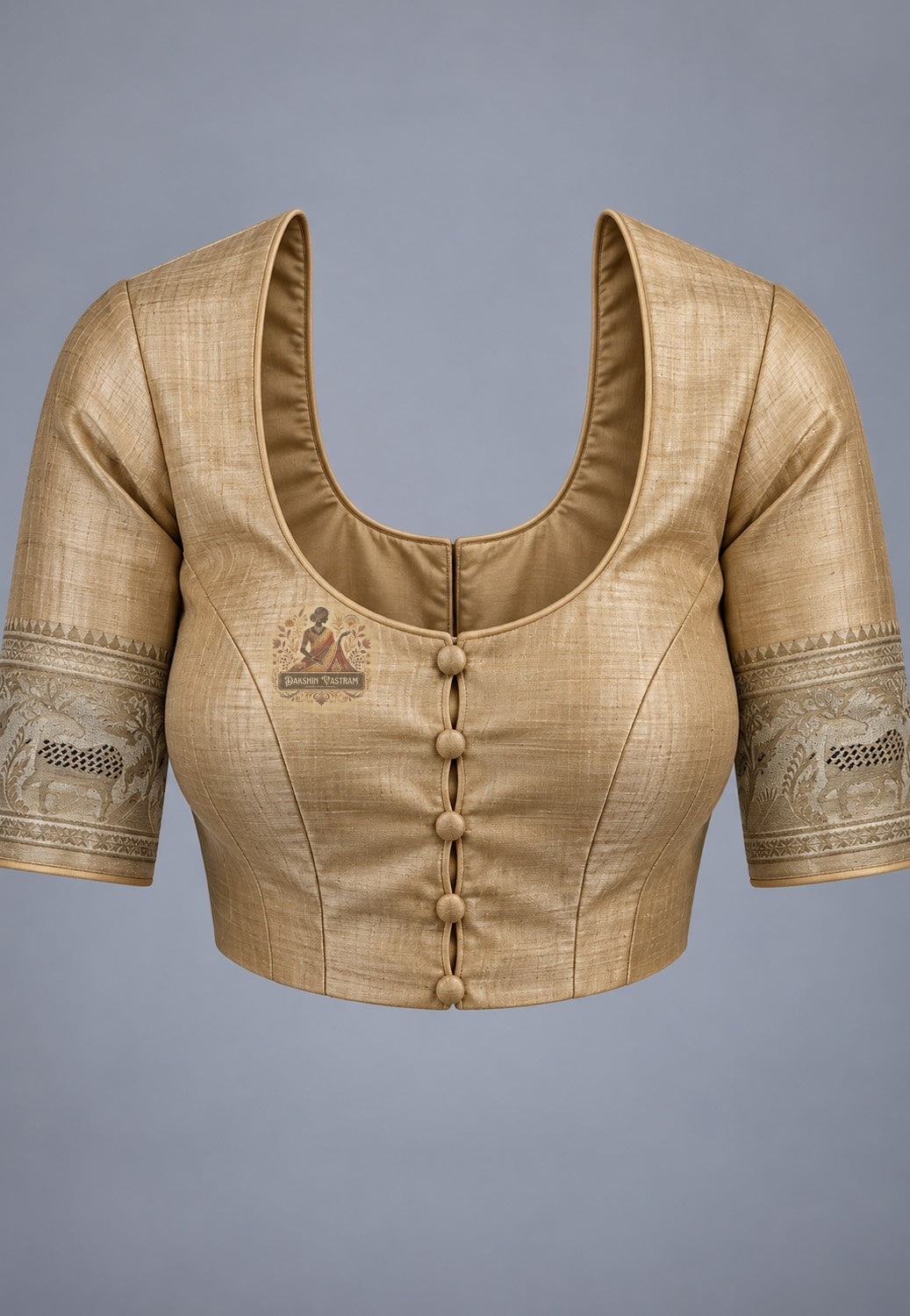 Blouse paired with champagne gold Swarnachari silk saree in a coordinating warm shade