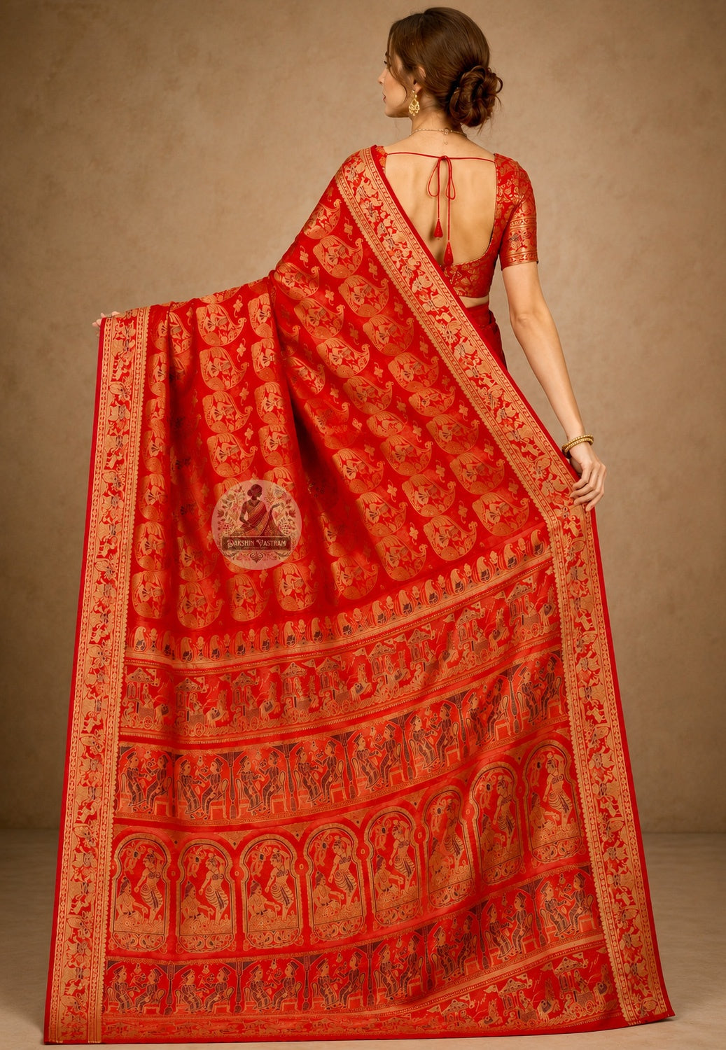 Side view of Swarnachari Pure Katan Silk Saree showing Ashtami anjali drape and golden zari marigold garland handloom border