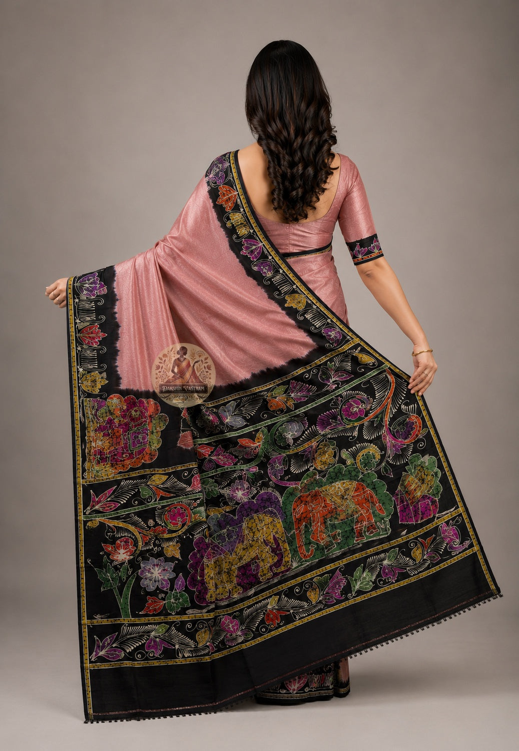 Rear view of Bishnupur Pure Katan Silk saree with heritage motifs and pallu draped over the shoulder
