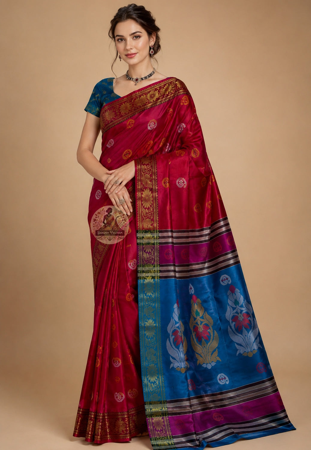 Front view of handwoven Bishnupur Silk Kolakhetra Saree in pure Katan silk from Bengal, showcasing the iconic field-of-squares geometric pattern across the body and the composed authoritative drape