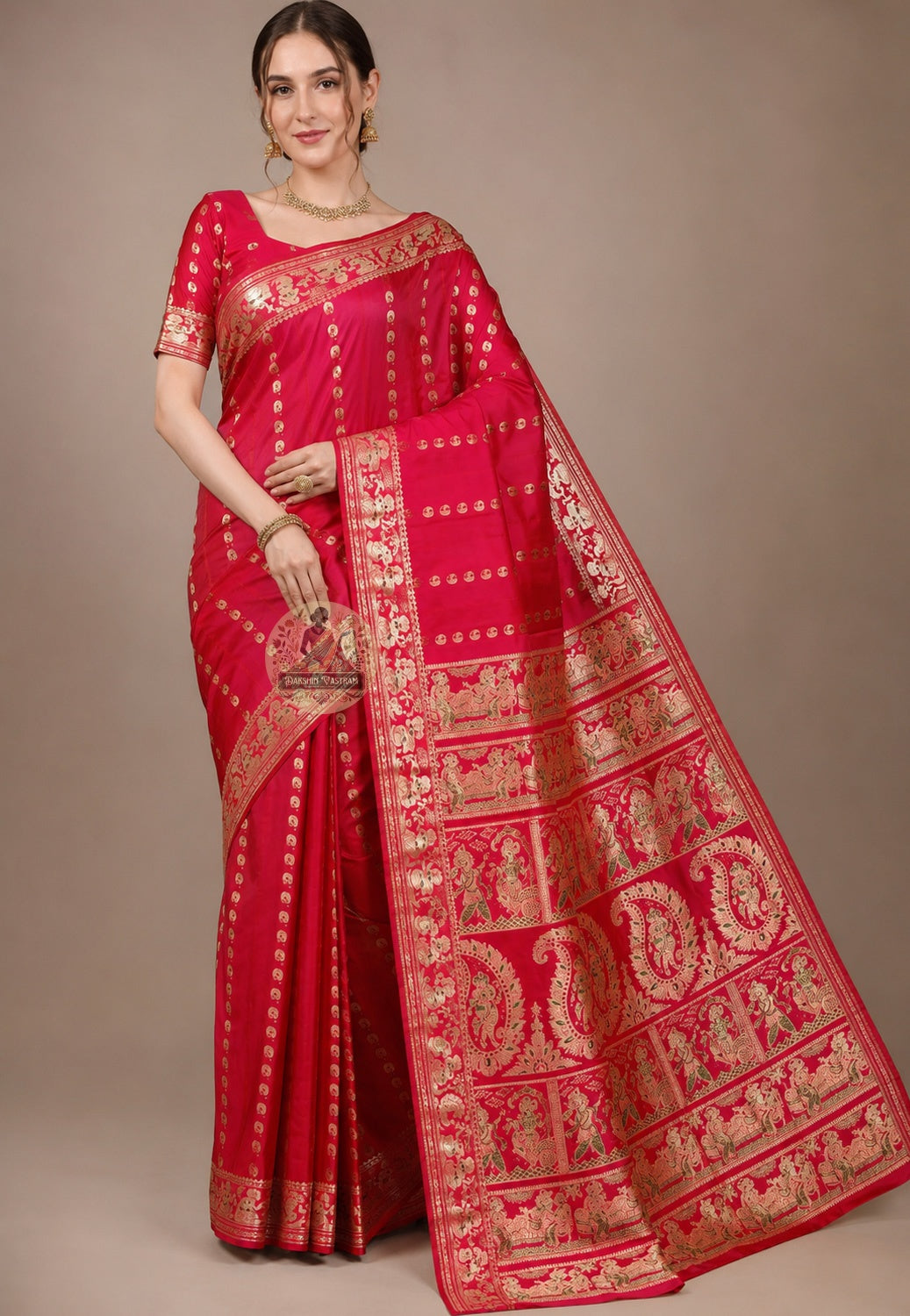 Front view of Swarnachari handloom silk saree with golden zari border holding Bengal mythological and temple-art stories in readiness, West Bengal pit-loom craft