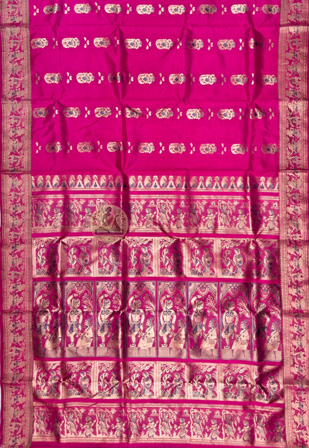 Side view of Swarnachari Pure Katan Silk Saree showing Diwali hosting drape and golden zari peacock vine handloom border