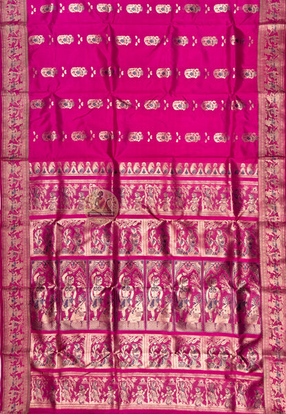 Side view of Swarnachari Pure Katan Silk Saree showing Diwali hosting drape and golden zari peacock vine handloom border
