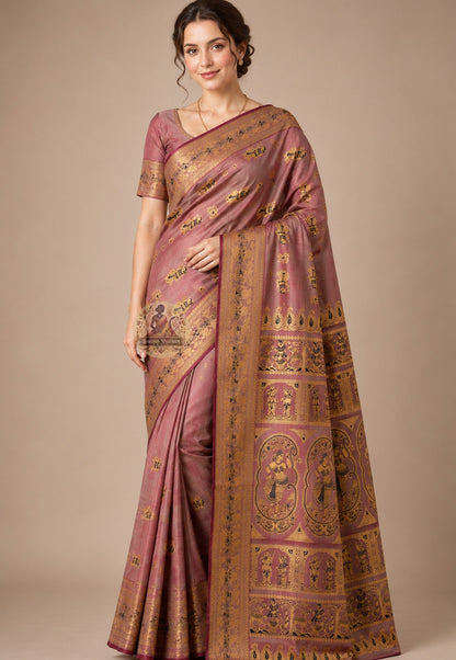 Front view of handloom Baluchari pure silk saree from Bishnupur West Bengal with narrative Mahabharata and Ramayana motifs woven directly into silk on traditional pit loom