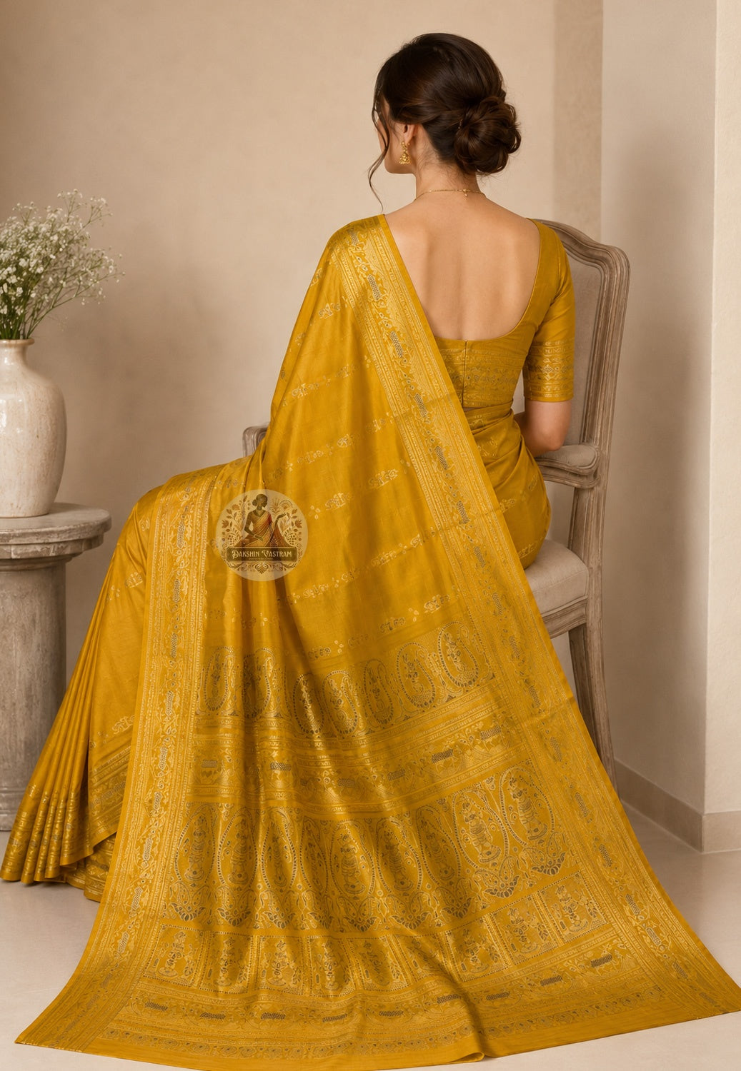 Rear view of Swarnachari silk saree with pure golden zari motifs and pallu draped over the shoulder