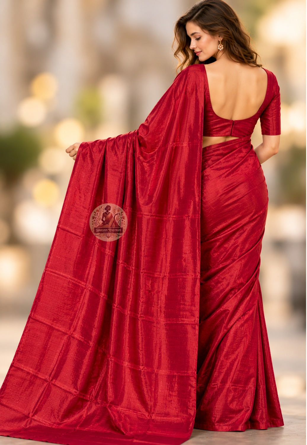 Rear view of red Bishnupur silk saree with the plain red pallu draped over the shoulder