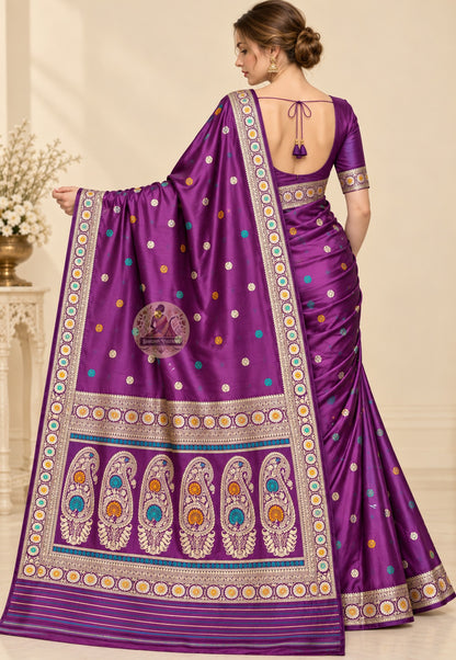 Rear view of Bishnupur Baluchari pure silk prestige saree showcasing elaborate pallu with dense mythological figure panels and ornate woven border in silk thread