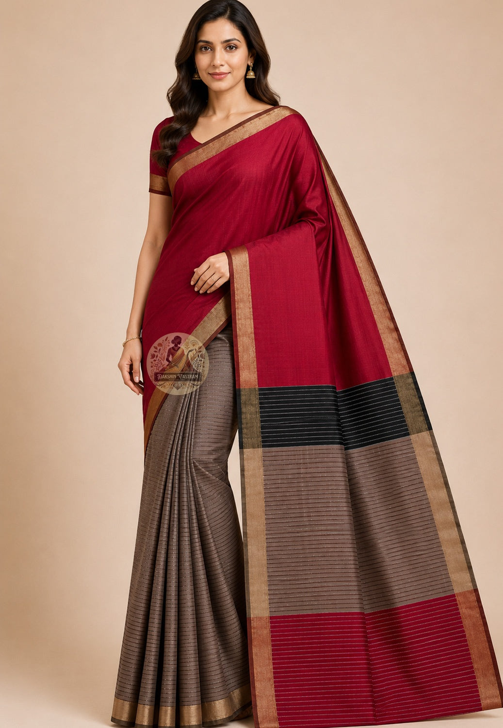 Front view of handloom Bishnupur Katan silk saree from West Bengal with natural weight and deepening lustre, the fabric you reach for again, heritage loom tradition practised for centuries