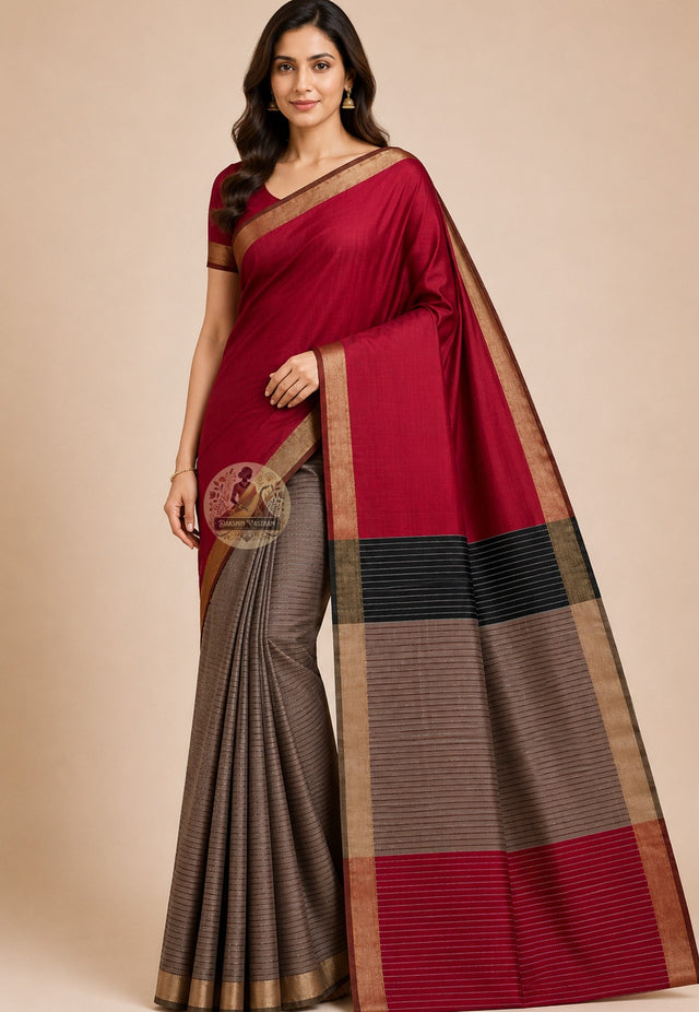Front view of handloom Bishnupur Katan silk saree from West Bengal with natural weight and deepening lustre, the fabric you reach for again, heritage loom tradition practised for centuries
