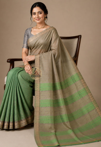 Side view of handwoven Bishnupur Katan Silk saree showing pallu fall and traditional woven motifs