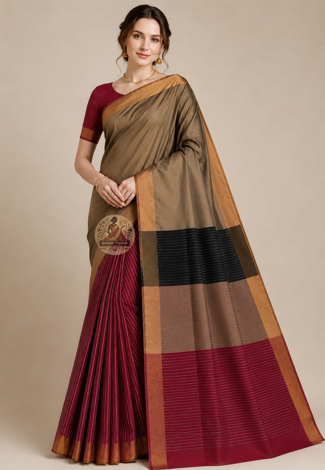 Front view of handloom Bishnupur Katan silk saree from West Bengal with natural lustre and authoritative drape that earns attention without asking for it, heritage loom tradition