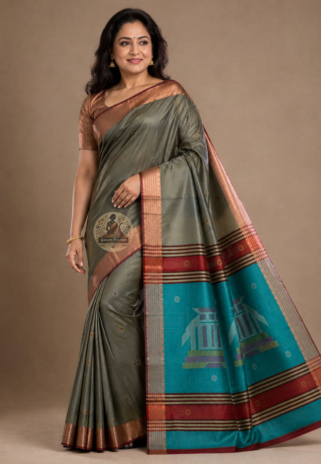 Front view of Bishnupur Katan Silk Saree with handwoven interlaced diamond border and peepal leaf buti motifs West Bengal