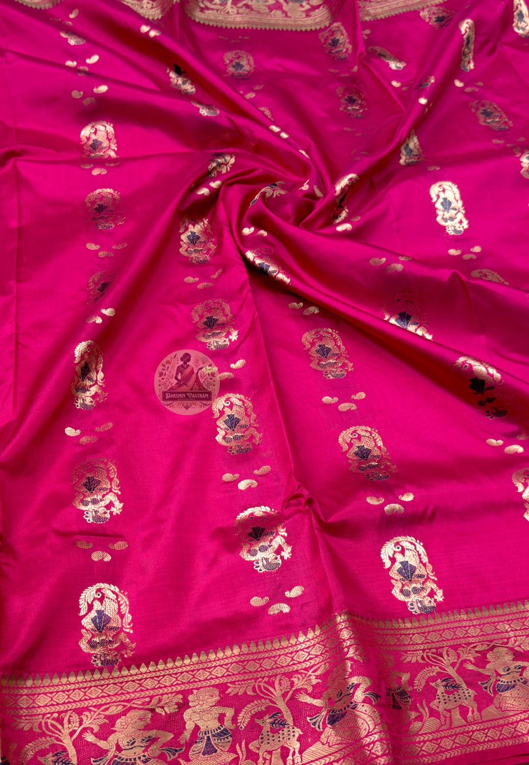 Close-up of pure golden zari Lakshmi on lotus throne woven into pallu of Swarnachari Silk Saree Bengal handloom craft