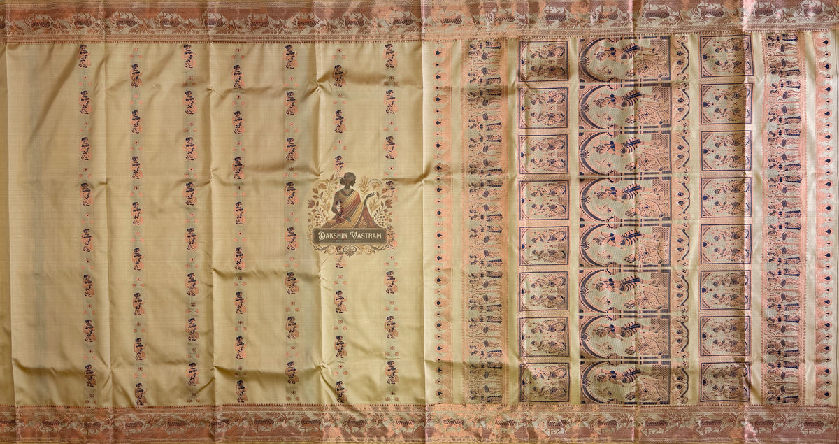 Side view of Bishnupur Swarnachari handloom silk saree displaying elegant drape and golden zari glow on cream pure silk