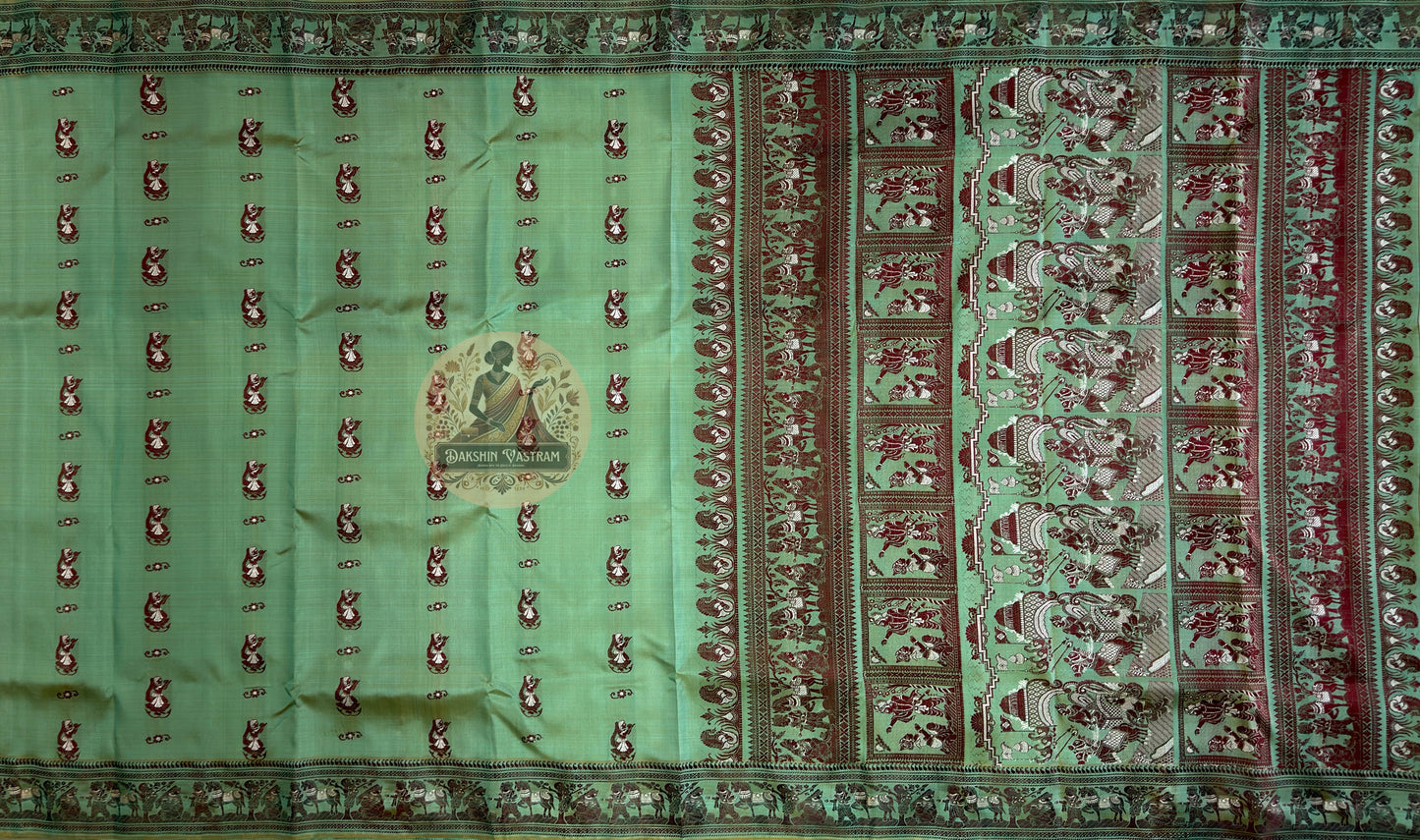 Macro close-up of individual hand-woven mythological motif on Baluchari Silk Saree by Dakshin Vastram, each figure placed thread by thread on the loom