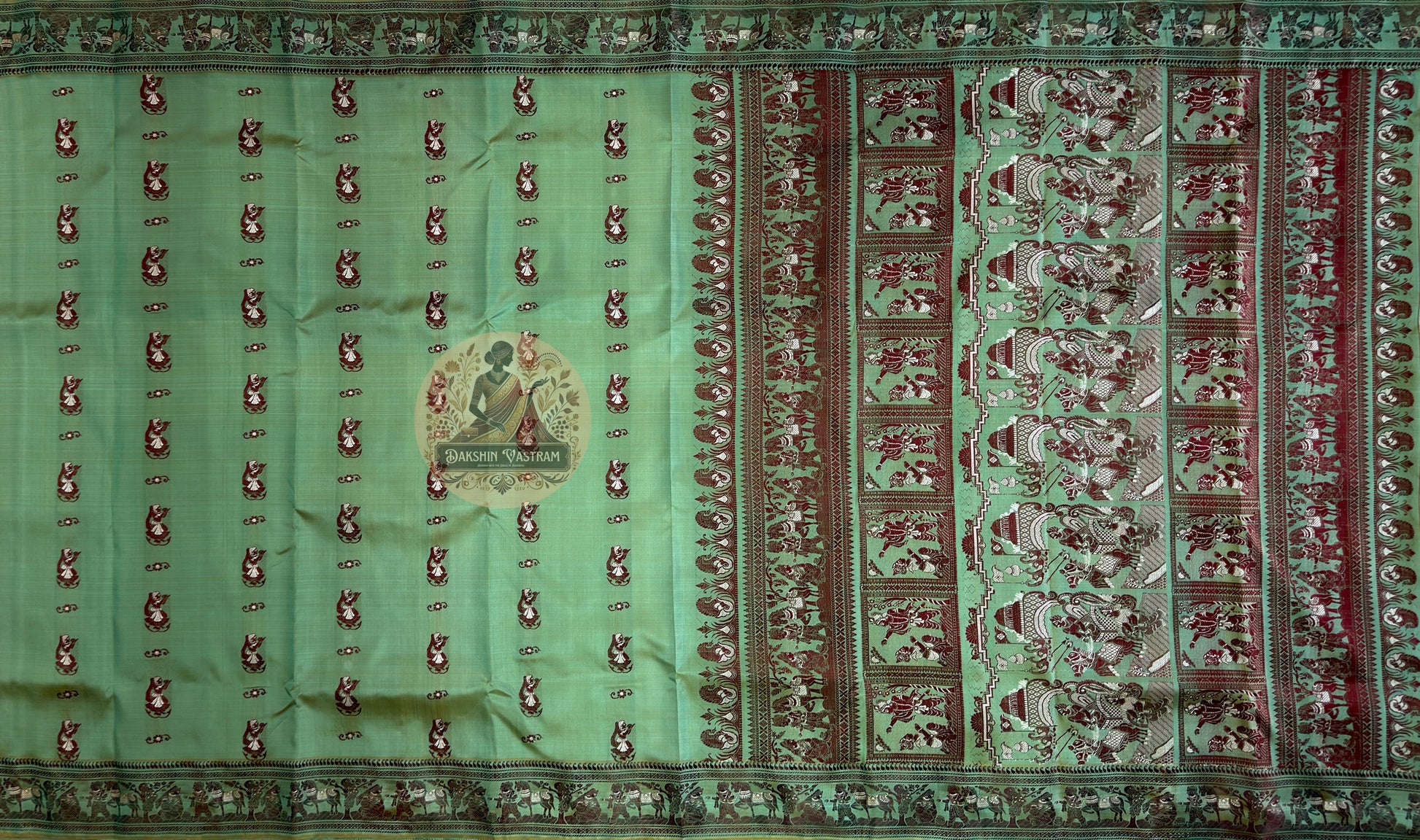 Macro close-up of individual hand-woven mythological motif on Baluchari Silk Saree by Dakshin Vastram, each figure placed thread by thread on the loom