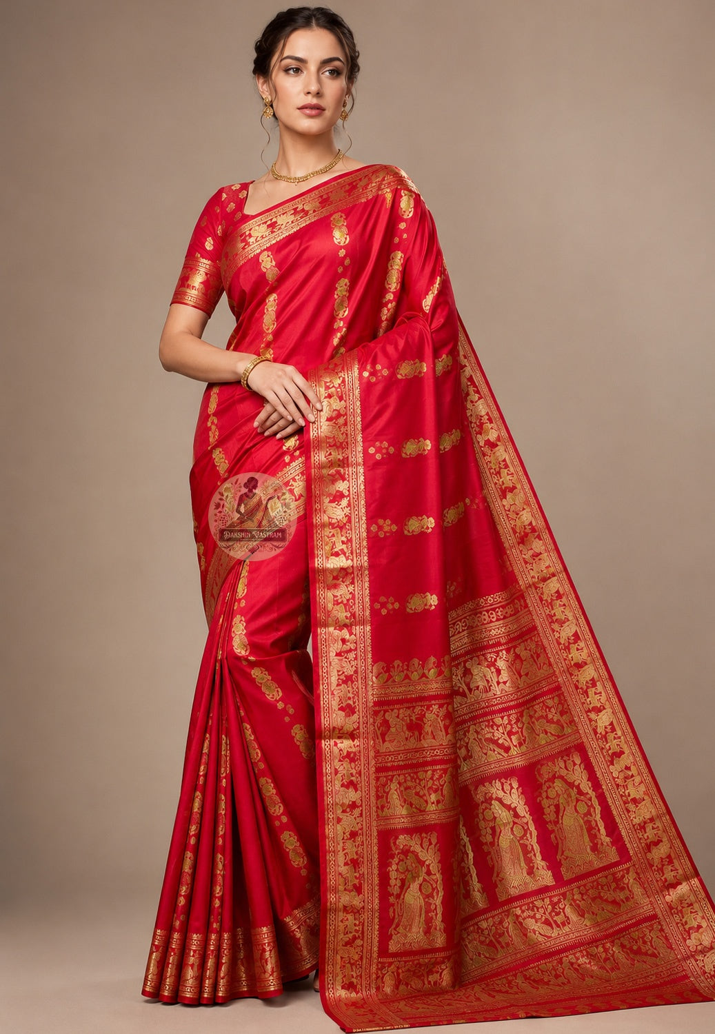 Front view of Swarnachari handloom silk saree with golden zari border holding recovered Bengal mythological and temple-art traditions, West Bengal pit-loom craft