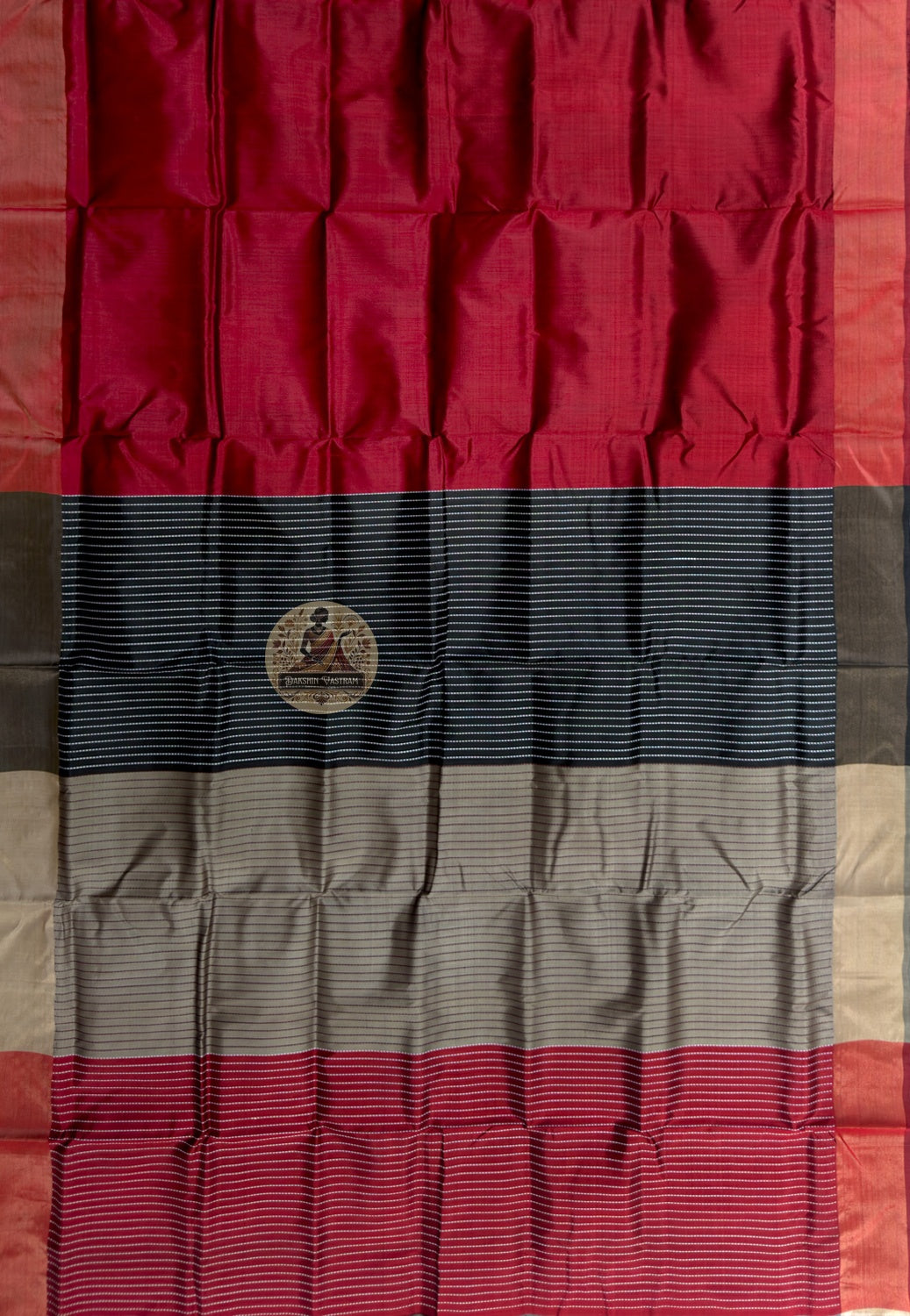 Rear view of handloom Bishnupur Katan silk saree displaying clean Katan silk fall with precise border, the same considered quality on the fifth wearing as on the first