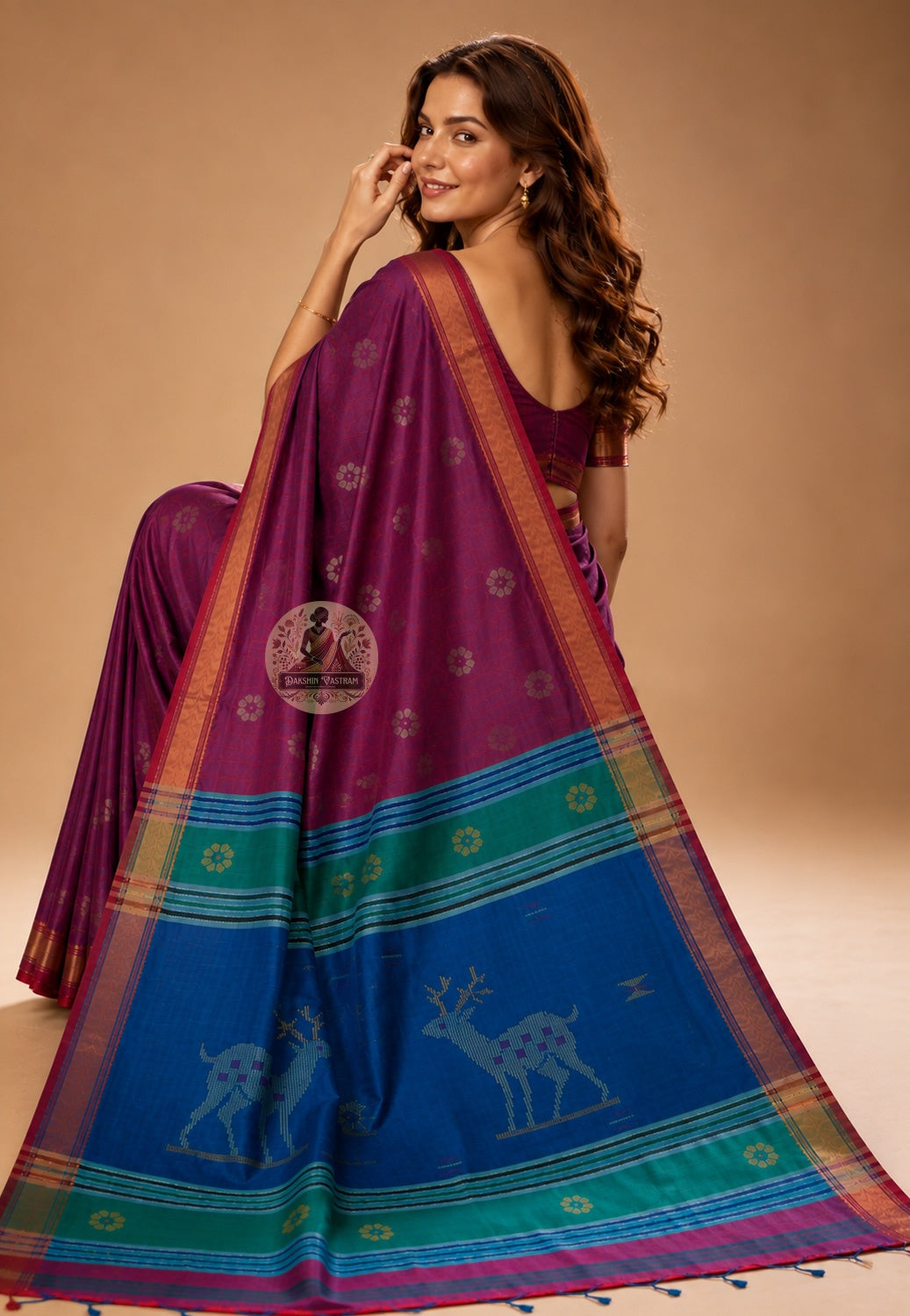 Side view of Bishnupur Pure Katan Silk Saree showing pre-wedding daytime drape and jaali lattice handloom border