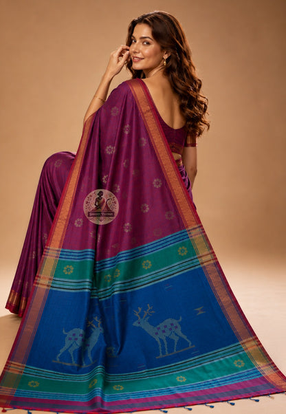 Side view of Bishnupur Pure Katan Silk Saree showing pre-wedding daytime drape and jaali lattice handloom border