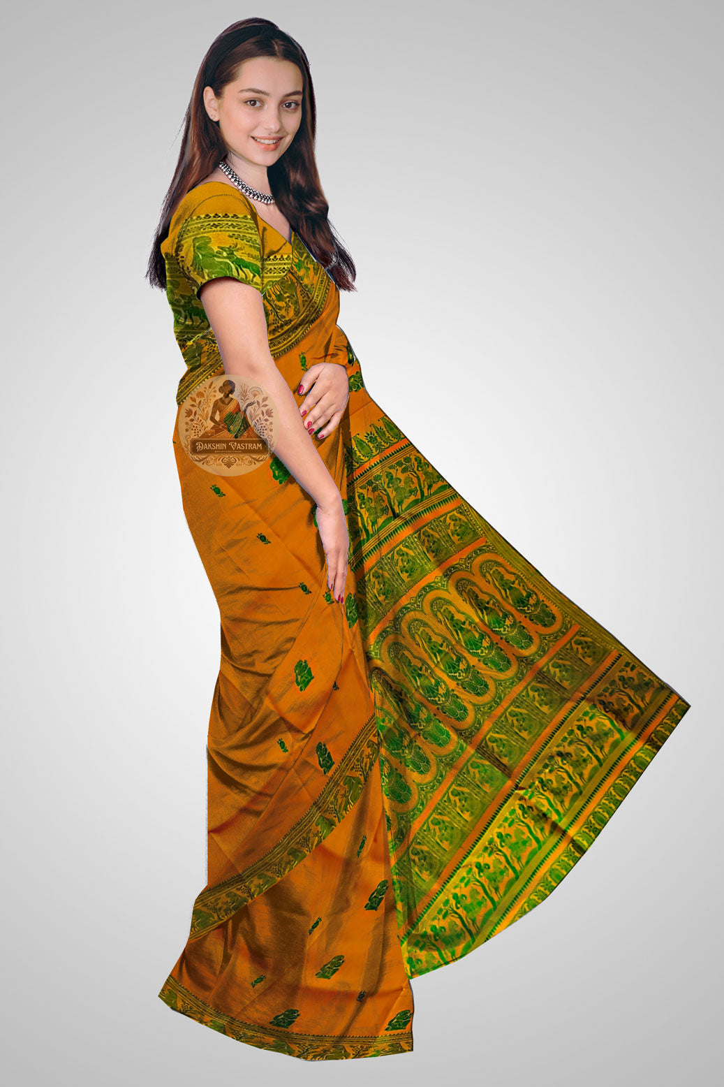 Shop Bengal Baluchari Saree online – Elegant side profile of silk drape