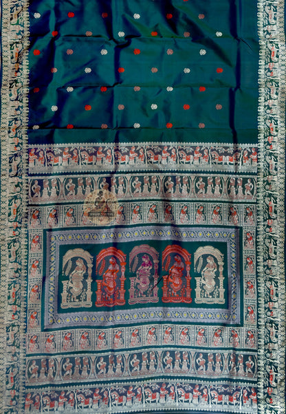 Side view of Baluchari pure silk saree draped in classic style, hand-woven motifs on border and pallu, Bengali festive wear