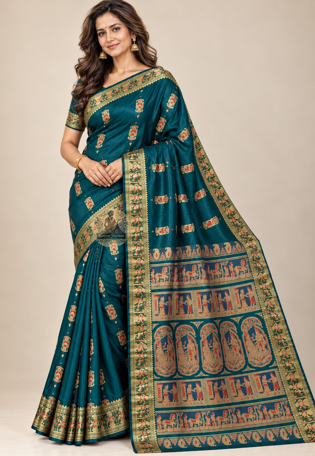 Front view of Swarnachari pure silk saree with golden zari mythological motifs handloom woven in West Bengal for Indian weddings Durga Puja and Diwali occasions