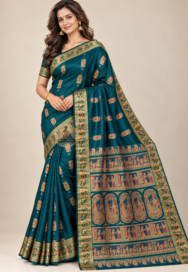 Front view of Swarnachari pure silk saree with golden zari mythological motifs handloom woven in West Bengal for Indian weddings Durga Puja and Diwali occasions