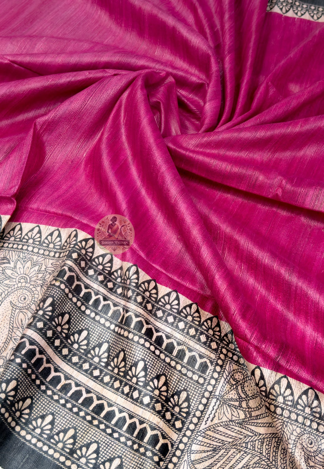 Full saree view of Ghicha Tussar pure silk trousseau handloom saree with matching blouse piece for Diwali gifting Raksha Bandhan Onam Navratri and wedding occasions