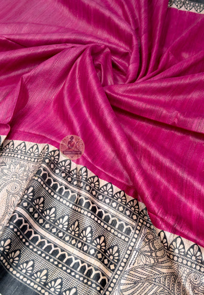 Full saree view of Ghicha Tussar pure silk trousseau handloom saree with matching blouse piece for Diwali gifting Raksha Bandhan Onam Navratri and wedding occasions