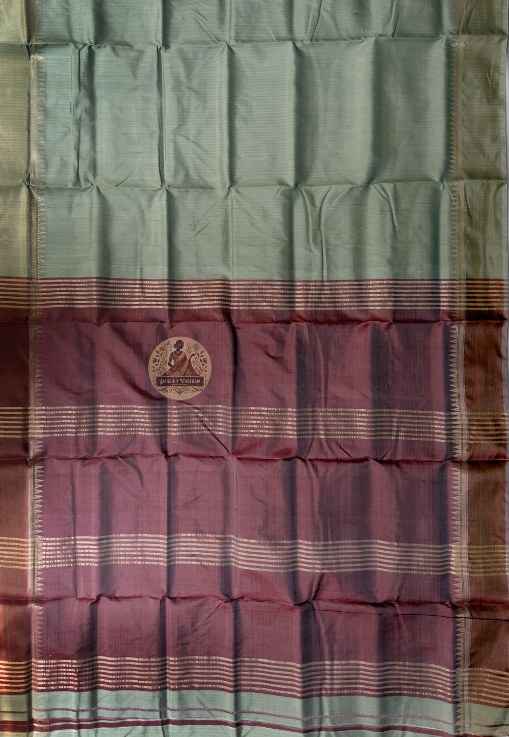 Rear view of Bishnupur Katan Silk Saree displaying pallu with terracotta-inspired Bengal temple motifs