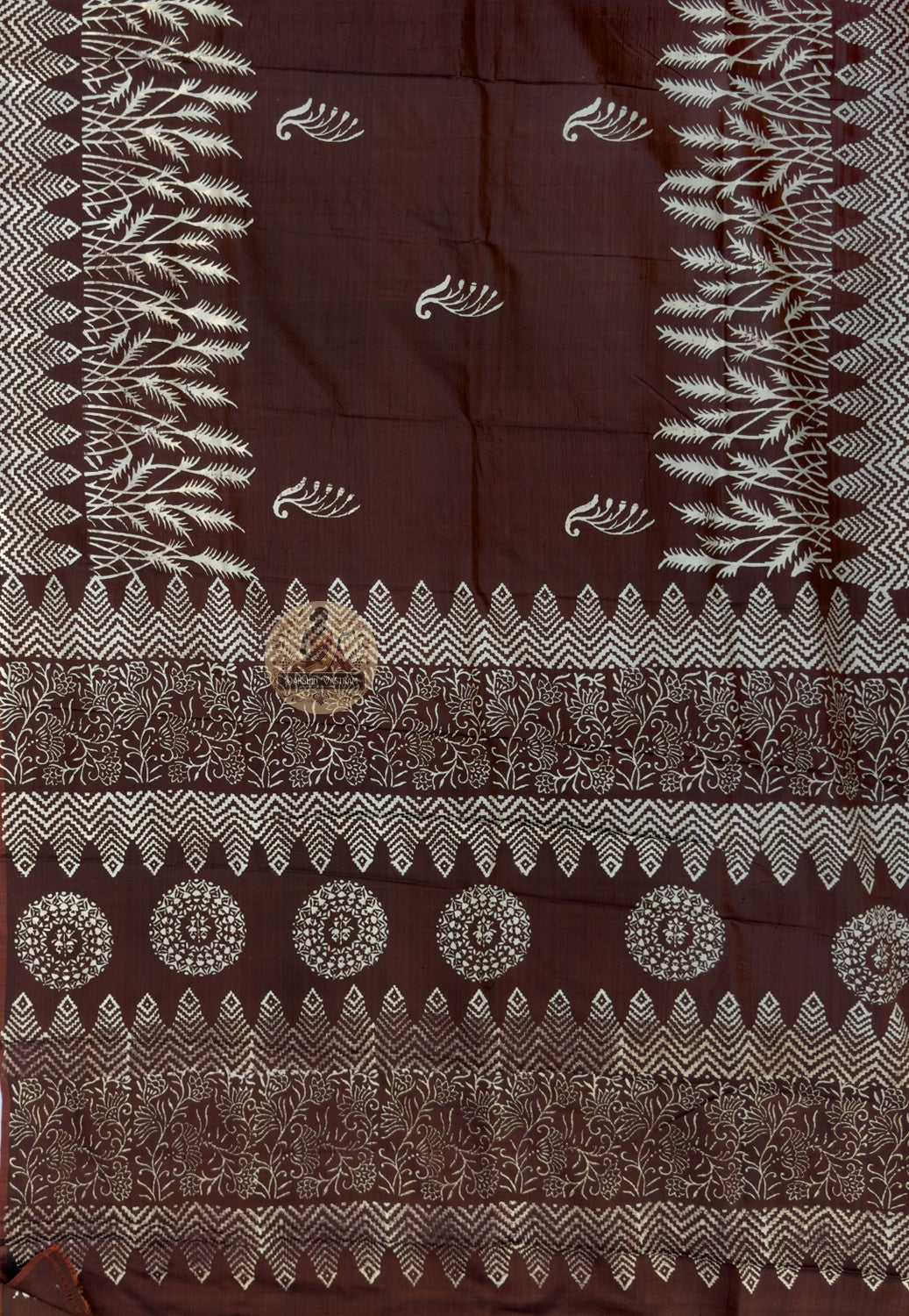 Close-up of Bishnupur Katan Silk Saree pallu showing hand-woven mythological motifs inspired by Ramayana and Mahabharata in fine silk thread