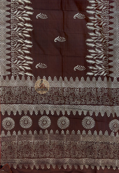 Close-up of Bishnupur Katan Silk Saree pallu showing hand-woven mythological motifs inspired by Ramayana and Mahabharata in fine silk thread