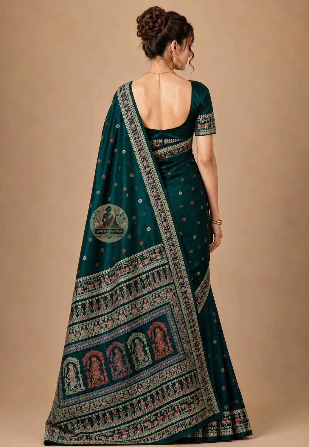 Front view of Baluchari silk saree showing richly woven pallu with Indian mythology scenes, West Bengal handloom craft
