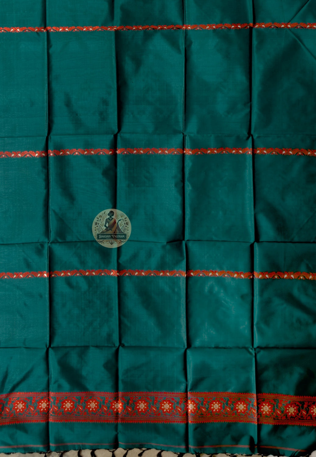 Rear view of Bishnupur Baluchari silk stole showcasing elaborately worked terminal panel with mythological narrative motifs woven in pure silk