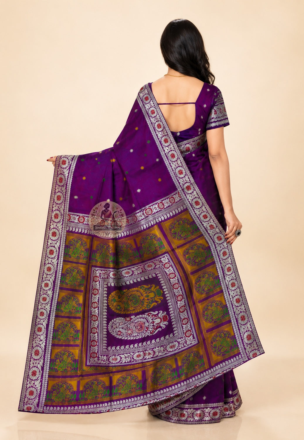 Rear view of Baluchari Pure Silk Saree displaying the richly handwoven narrative pallu with mythology scenes from the Mahabharata, Ramayana, and Nawabi courts of Bengal woven directly into pure silk