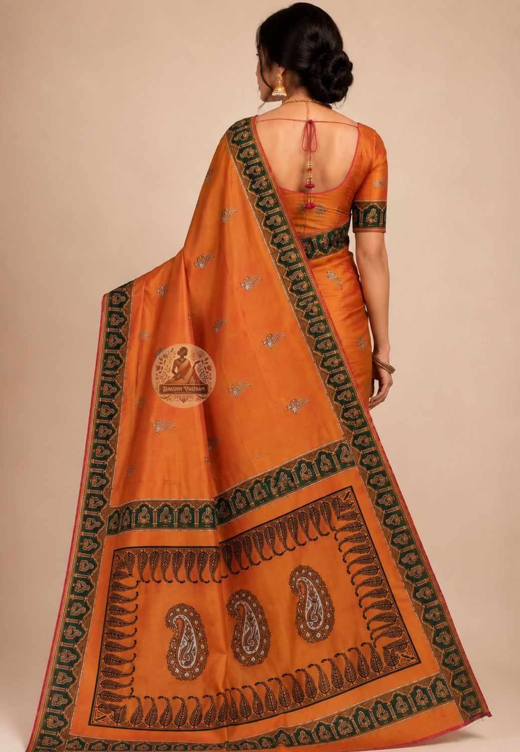 Close-up of blouse piece of Bishnupur Pure Katan Silk Saree featuring hand-woven traditional border detailing in fine pure Katan silk from Bishnupur Bengal by Dakshin Vastram