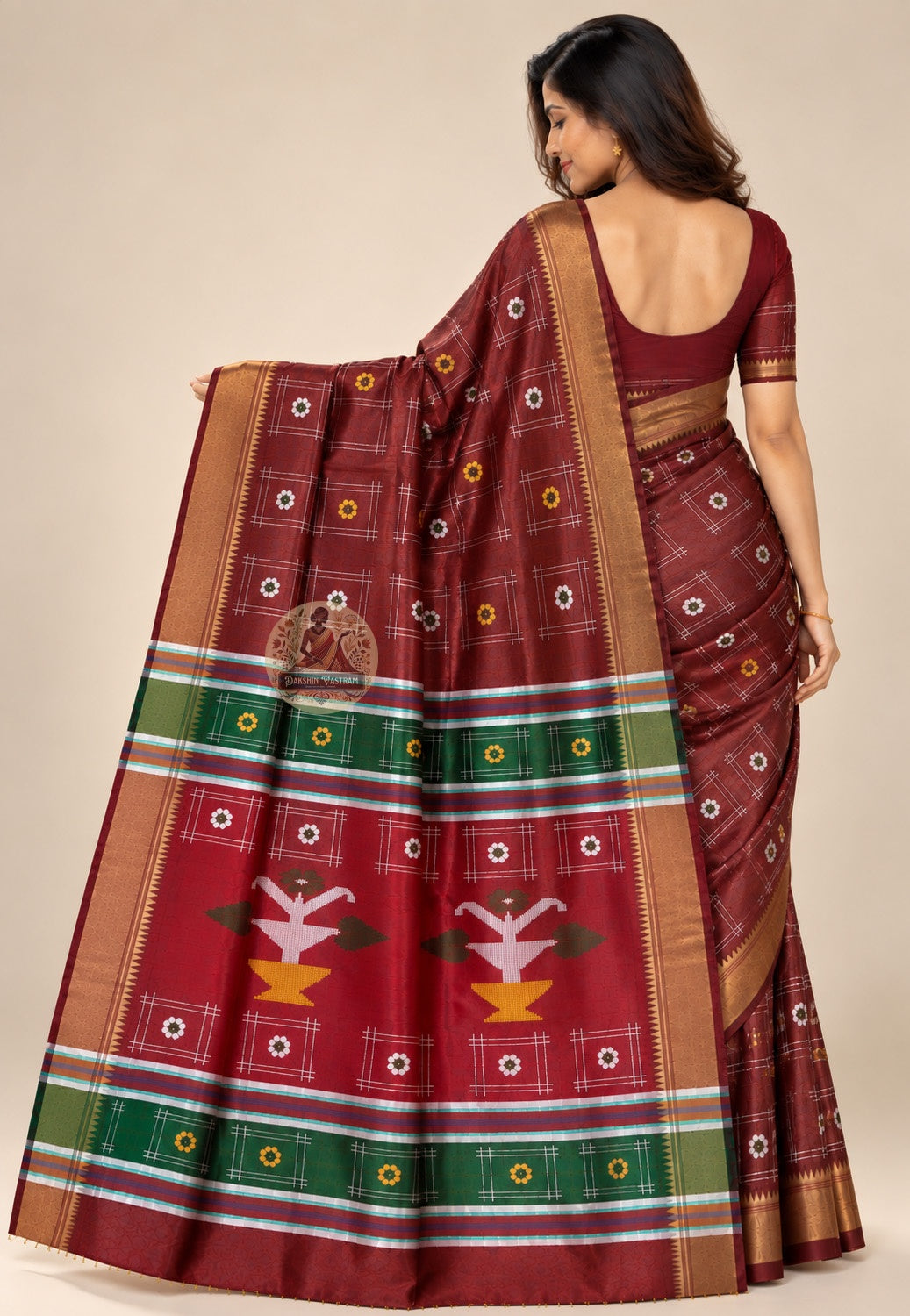 Side view of Bishnupur Katan silk bridal handloom saree displaying weighted pure silk pleat structure and natural depth of colour for wedding ceremonies