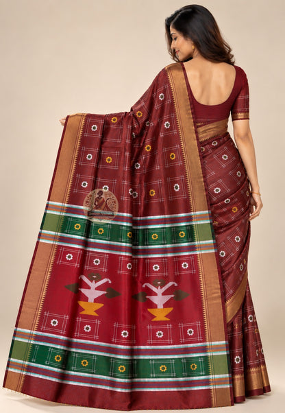 Side view of Bishnupur Katan silk bridal handloom saree displaying weighted pure silk pleat structure and natural depth of colour for wedding ceremonies
