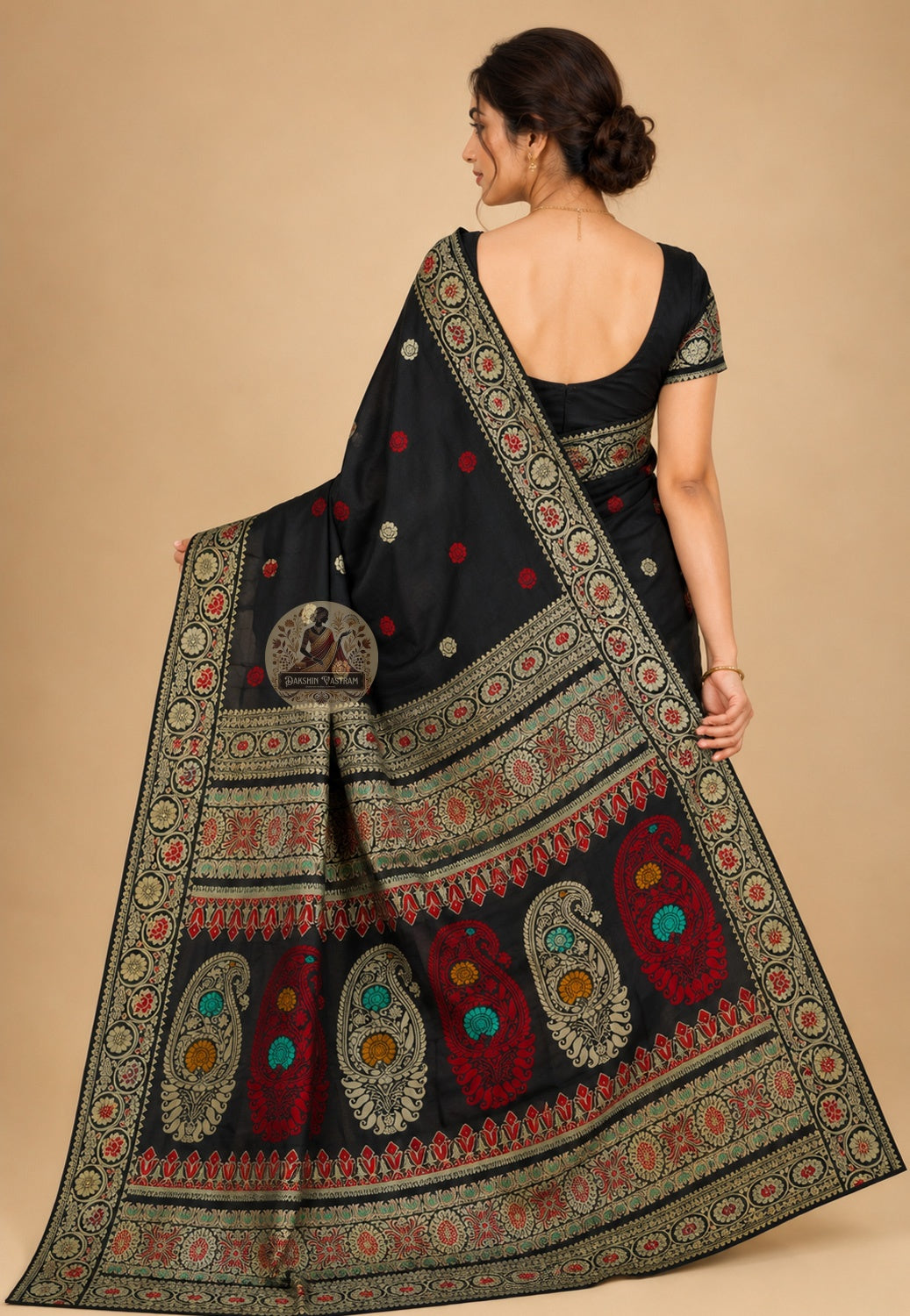 Rear view of Baluchari Pure Silk Saree displaying the richly handwoven narrative pallu with mythology scenes from the Mahabharata, Ramayana, and Nawabi courts woven directly into premium pure Bengal silk